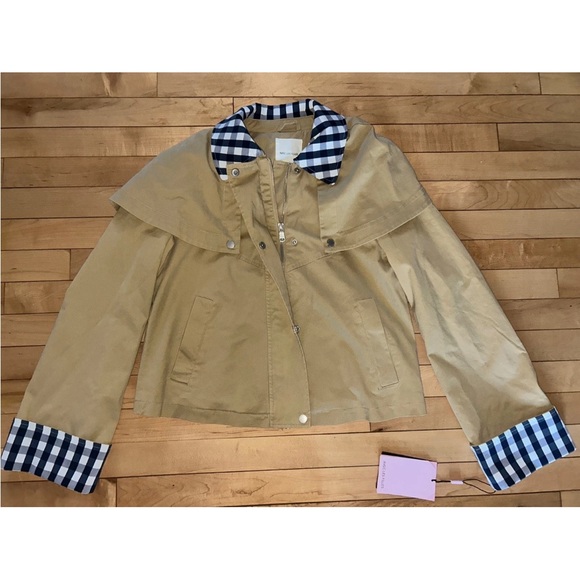 NEW! NWT AVEC LES FILLES Gingham Trim Cotton Cape Jacket in Khaki Size XS - Picture 6 of 7